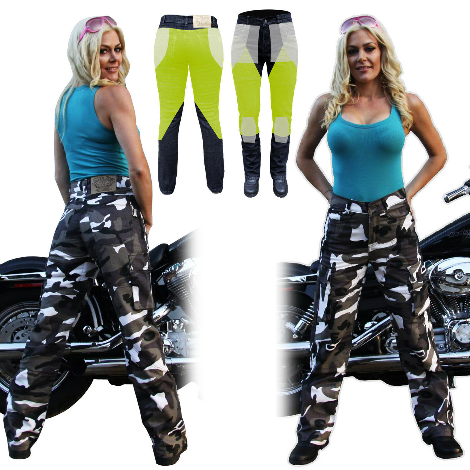 WOMENS RED CAMO CARGO KEVLAR® LINED MOTORCYCLE JEANS REINFORCED  CONSTRUCTION 10