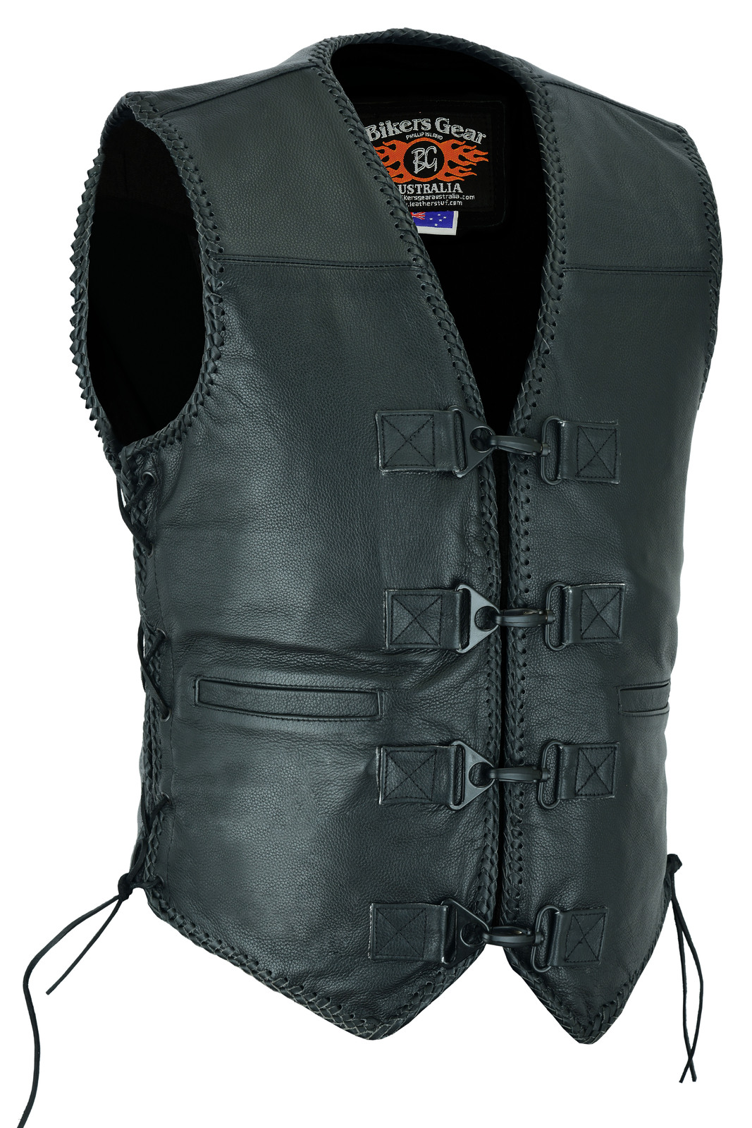 BGA Men's Rider Leather Clip Motorcycle Vest Black Braided