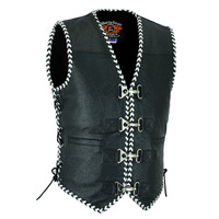 BGA Men's Rider Leather Motorcycle Vest White/Black Braided