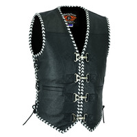 BGA Men's Rider Premium White & Black Braided Leather Clip Motorcycle Vest