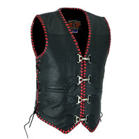 BGA Men's Rider Premium Red & Black Braided Leather Clip Motorcycle Vest